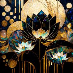 an artistic painting with gold and blue colors on black background, featuring flowers in the center