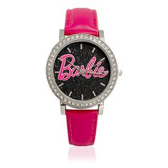 a women's watch with the word barbie written on it in pink and black