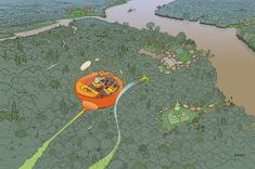 an artist's rendering of a boat floating in the middle of a river surrounded by trees