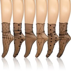 PRICES MAY VARY. Size Guide: When laid flat and unworn, the black sheer socks measure 16.14 inches in length and 3.93 inches in width. With a loose mesh design and slight elasticity, they are suitable for most shoe sizes. The seamless design without a heel increases wearing freedom and facilitates stacking and storage. Materials: These high-quality black lace socks are made of nylon material. They feel lightweight and loose when worn. Featuring large mesh panels, they significantly increase airf Sheer Polka Dot Socks, Sheer Socks With Mary Janes, Mesh Socks And Heels, Socks And Heels Street Style, Sheer Socks With Heels, Black Lace Socks, Lace Boot Socks, Tulle Socks, Heel Socks