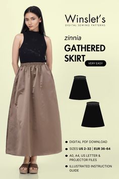 Description:This midi skirt exudes classic femininity, featuring a gathered waist for a touch of volume and movement. The length strikes a balance between casual and dressy, making it a versatile piece in any wardrobe.Styling:Pair with a fitted top to offset the skirt’s volume, and complete the look with wedges or sandals. For a more formal occasion, a blouse tucked in would complement the skirt’s shape beautifully. Long Skirt Pattern Sewing, Gathered Skirt Pattern, Fall Style Essentials, Midi Skirt Sewing, Midi Skirt Sewing Pattern, Long Skirt Pattern, Style Sewing Patterns, Skirt Patterns, Skirt Sewing Pattern