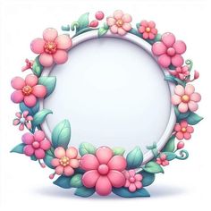 a round frame with pink flowers and green leaves on the bottom, in front of a white background