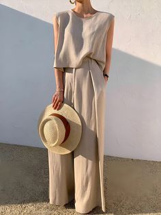 Linen Blends Casual Pants Set Home Vacation, Linen Suits, Fits Clothes, Casual Wide Leg Pants, Long Midi Dress, Casual Tank Tops, Linen Clothes, Street Style Outfit, Color Khaki