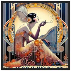 Art Deco Wall Art "Stylish Girl" Printed on Premium Matte Paper Framed in Wood. Enjoy the Joie de Vivre of the Flapper period. Gift.Our ready-to-hang wooden framed posters are sturdy, durable, and ready to hang instantly! The poster is made on our heavier-weight white matte paper that has a natural, smooth uncoated finish that feels luxurious to the touch. The perfect option to stand the test of time.  Features:  Ready-to-hang: The poster is delivered within the frame and is ready to be hung directly on the wall. Frame Material: Durable pine wood. Frame Color: Available in black or natural wood (visible grain). Frame Measurements: 20-25mm (0.79"-0.98") thick, 10-14mm (0.4"-0.6") wide, balancing durability and style. Paper Weight: 200 gsm (80 lb), durable and long-lasting. Paper Finishing: Art Deco Steampunk, Pinturas Art Deco, Art Deco Frames, Art Deco Portrait, Art Deco Prints, Illustration Art Nouveau, Affiches D'art Déco, Art Deco Artwork, Art Deco Wall Art