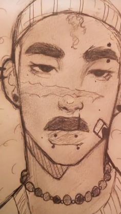 a drawing of a man's face with his eyes closed and nose piercings