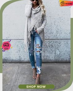 Tassel Long Cardigan Fall Outerwear With Tassels, Cozy Long Sleeve Outerwear With Fringe, Fall Long Sleeve Sweater With Frayed Hem, Long Sleeve Sweater With Frayed Hem For Fall, Winter Outerwear With Tassels And Long Sleeves, Winter Long Sleeve Outerwear With Tassels, Chic Fringe Sweater For Fall, Casual Fall Sweater With Tassels, Trendy Fringe Sweater For Fall