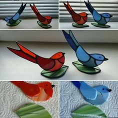 four different pictures of colorful glass birds