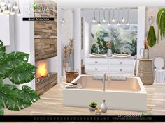 a bathroom with a tub, sink and fireplace