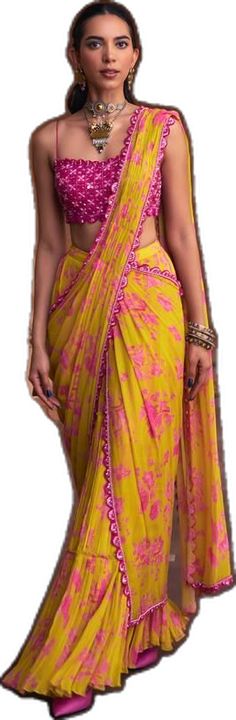 Yellow Bollywood Pre-draped Saree, Yellow Fitted Pre-draped Saree For Designer Wear, Fitted Yellow Pre-draped Saree With Pallu, Fitted Yellow Pre-draped Saree For Festivals, Yellow Fitted Pre-draped Saree, Festive Yellow Pre-draped Saree, Yellow Fitted Floor-length Pre-draped Saree, Yellow Georgette Saree For Summer, Elegant Yellow Saree Dress