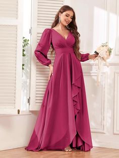 Long Sleeve Chiffon Dress For Wedding, Long Sleeve Chiffon Dress For Wedding Guests, Evening Chiffon Long Sleeve Dress, Solid Color Long Sleeve Chiffon Evening Dress, Elegant Chiffon Long Sleeve Bridesmaid Dress, Elegant Long Sleeve Chiffon Bridesmaid Dress, Long Sleeve Chiffon Dress For Wedding Guests In Spring, Elegant Long Sleeve Chiffon Dress, Long Sleeve Chiffon Dress For Spring Wedding