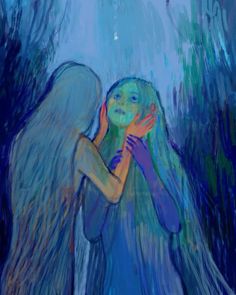 a painting of an angel hugging someone's face