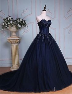 Navy Blue Ball Gown, Black Wedding Dress Gothic, Bead Applique, Navy Blue Prom Dress, Navy Blue Prom, Prom Dress With Train, Navy Prom Dresses, White Bridal Gown, Formal Prom Dresses Long