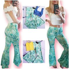 New With Tag Paisley Print Bell Bottom Pants In Green Multi Add Some Fresh Flare To Your Style And You'll Be Shining Bright! From Dancing The Festivals Night And Day To Chilling At Home And Lounging Away, These Flare Leggings Are An Everyday Must. Let Your Inner 60s Boho Goddess Out To Play. Features High Waisted Flared Legging Stretch Fit Multicolored Paisley Print With A Mix Of Green, Teal, Turquoise, White, And Yellow Sizes Available S, M, L 95% Polyester 5% Spandex Boutique Brand Time After Stretch Paisley Print Bottoms For Summer, Fitted Pants Matching Set For Summer, Fitted Matching Set Bottoms For Spring, Green Paisley Print Bottoms, Fitted Bottoms With Paisley Print For Spring, Fitted Paisley Print Bottoms For Spring, Summer White Bottoms With Paisley Print, Summer Paisley Print Loungewear Pants, Casual White Bottoms With Paisley Print