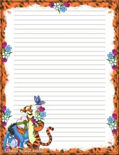 winnie the pooh and tigger lined paper with flowers on it, in front of an