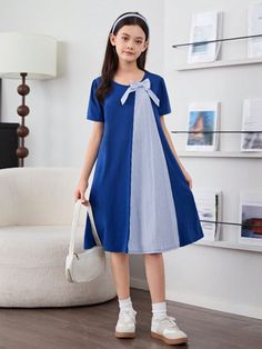 Tween Girl Loose Casual Round Neck Color Blocking Bow Decorated Mid-Length Dress Blue Cute  Short Sleeve Knitted Fabric  A Line Slight Stretch  Tween Girls Clothing, size features are:Bust: ,Length: ,Sleeve Length: Kid Dress, Homemade Dress, Cotton Frocks, Blue Cute, Block Dress, Frock Design, Dresses Kids Girl, Vestido Casual