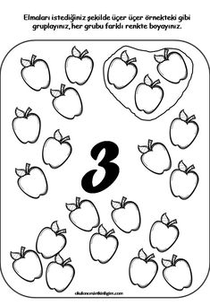 an apple themed number 3 worksheet for children to learn numbers and counting them