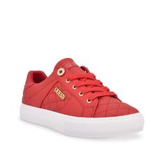 Guess-Loven Sneaker Kick up your sneaker collection with the Loven low-tops designed by Guess. A mix of quilted panels adds texture to the upper, while pops of gold at the logo and lace hardware add modern glam to these athleisure essentials. Athleisure Essentials, Womens Red Shoes, Guess Sneakers, Guess Logo, Top Sneakers Women, Sneakers Looks, Casual Sneakers Women, Guess Shoes, Casual Lace