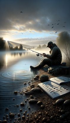 a man sitting on the edge of a lake fishing