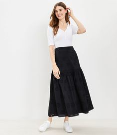 Eyelet Tiered Midi Skirt Tiered Skirt Outfit, Black Flare Skirt, Button Down Denim Skirt, Peach Skirt, Preppy Skirt, Velvet Midi Skirt, Midi Skirt With Pockets, Midi Wrap Skirt, Eyelet Skirt