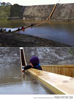 there are two pictures with people on the bridge and in the water at the bottom