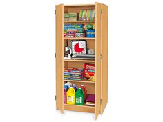 a wooden locker with various items on the shelves and in front of it is a white background