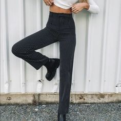 Nwt “Fallon Pinstripe Pants” In Size Aus8(Us4) High Waisted Runs Tts Black With White Pin Stripe Zip Closure With Clasp Belt Loops Flowy Lightweight Material 100% Polyester Trendy Striped Pants For Work, Trendy Striped Wide Leg Pants, Fall Striped High-waisted Pants, Striped Trousers For Fall, Striped Wide Leg Bottoms For Fall, Wide Leg Striped Bottoms For Fall, Trendy Vertical Stripes Pants For Workwear, Trendy Striped Straight Pants, Trendy Vertical Stripes Pants For Work