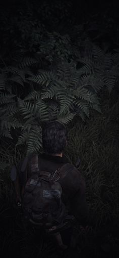 a man with a backpack is walking through the woods at night in front of ferns