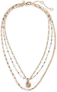 Banana Republic Summer Beads Triple Necklace Trendy Gold Beaded Necklaces With Lobster Clasp, Trendy Gold Beaded Necklace With Lobster Clasp, Trendy Gold Necklaces With Gold Beads, Trendy Gold Beaded Layered Necklace, Trendy Gold Beaded Necklaces For Jewelry Making, Gold Multi-strand Jewelry With Colorful Beads, Summer Beads, Triple Necklace, Necklace Dress