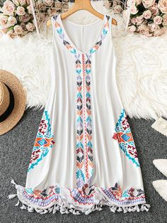 Blanco Bohemio Collar sin mangas Tela Geométrico,retazo,Tribal Tank Embellished Estiramiento medio Plus Size Summer Casual, Geometric Patchwork, Plus Size Summer, Vestido Casual, Estilo Casual, Kids Beachwear, Geometric Print, Dress P, Plus Clothing