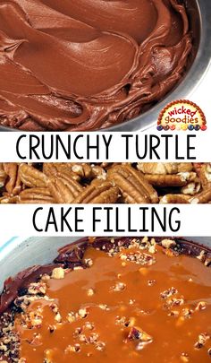 two pictures side by side with the words crunchy turtle cake filling