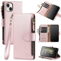 the pink wallet phone case is open and has multiple compartments