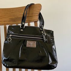 Coach Patent Leather Poppy Tote - Retired Bag - Tags Off But Never Carried - Color - Black - Materials - Patent Leather With Silver Hardware, Teal Fabric Lining - Handles - 8” Drop - Measurements - 17” (L) X 12” (H) - Interior Large Zip Pocket, Phone Slip Pocket, And Additional Slip Pocket - Exterior Front Large Zip Pocket And Silver, Black, & Clear Coach Tags - Zip Top Closure - Includes Dust Bag Teal Fabric, Bags Coach, Bag Tags, Zip Top, Silver Hardware, Womens Tote Bags, Coach Bags, Patent Leather, Poppies