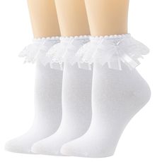 PRICES MAY VARY. Women's White Ruffle Socks are the perfect blend of style and comfort. The adorable ruffle design adds a touch of cuteness and fun to any outfit, making them perfect for women looking for cute and fashionable socks. The lettuce edge design also gives them a playful touch.creating a captivating accessory that garners attention and compliments with their sophisticated design creating a glamorous accessory. Material & Size: 80%Cotton,17%Polyester,3%Spandex. Fit womens shoe sizes 5- White Socks With Ruffles, White Ruffle Socks, Socks Lace, Ruffle Socks, White Goth, Frilly Socks, Ruffled Socks, Ankle Socks Women, Womens Shoe