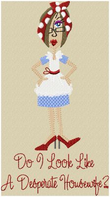 a cross stitch pattern with an image of a woman in a dress that says do i look like a desperate housewife?