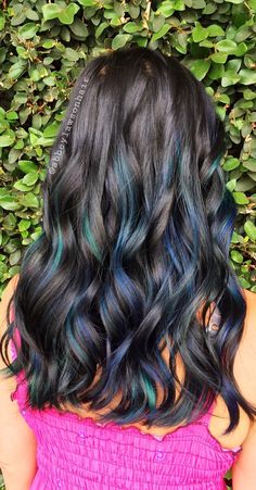 Blue And Green Peekaboo Hair, Peacock Hair Highlights, Blue And Green Highlights In Brown Hair, Peacock Green Hair Color, Best Hair Dye Colors For Brunettes, Blue And Green Balayage, Blue And Green Hair Highlights, Peacock Blue Hair Color, Hair Color Blue Highlights