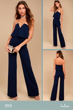 You'll be absolutely irresistible when you're wearing the Lulus Power of Love Navy Blue Strapless Jumpsuit! Stretch crepe knit shapes a strapless bodice with a fluttering tier, hidden V-bar, and no-slip strips. A high, fitted waist tops relaxed wide leg pants. Hidden back zipper/hook clasp. Fit: This garment fits true to size. Length: Floor length. Size medium measures 55.5" from top to bottom. Inseam: 32.50 Front Rise: 14.00 Bust: Works best for A to C cup sizes. Waist: Fitted - very fitted at Casual Cocktail Attire For Women, Casual Cocktail Attire, Cocktail Attire For Women, Power Of Love, Cocktail Attire, Strapless Jumpsuit, Cup Sizes, C Cup, The Power Of Love