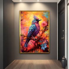 a colorful bird painting hanging on the wall