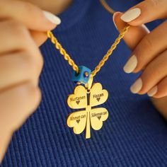 ✨Introducing our stunning Personalized Name Necklace, a delightful fusion of elegance and sentimentality. Crafted with meticulous attention to detail, this exquisite necklace features a charming clover design adorned with your chosen name, creating a timeless piece that's as unique as the lucky recipient. ✨Each necklace is expertly crafted using high-quality materials, including 14K gold-plated stainless steel, ensuring durability and lasting beauty. The delicate clover pendant is complemented b Name Necklace Gold, Clover Design, Clover Pendant, Gold Name Necklace, Clover Necklace, Love Symbols, Perfect Gift For Her, Gold Plated Chains, Memorable Gifts