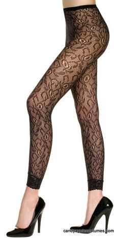 Adult Black Lace Footless Tights - 80's Apple Costume, Tattoo Leggings, Lace Leggings, Footless Tights, Metallic Leggings, Lace Tights, Black Seamless, Fashion Tights, Candy Apple