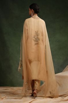 Beige kurta with placement floral embroidery. Paired with an embroidered hem pant and scallop hem dupatta. - Aza Fashions Elegant Silk Unstitched Suit With Floral Embroidery, Elegant Silk Unstitched Suit For Spring, V-neck Floral Embroidery Wedding Sets, V-neck Wedding Sets With Floral Embroidery, Silk Traditional Wear With Floral Embroidery For Formal Occasions, Formal Dupatta With Floral Embroidery In Traditional Drape, Formal Silk Traditional Wear With Floral Embroidery, Formal Floral Embroidered Dupatta With Traditional Drape, Silk V-neck Traditional Wear For Wedding