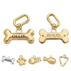 two gold and one silver dog bone charms with personalized engraving on the front side