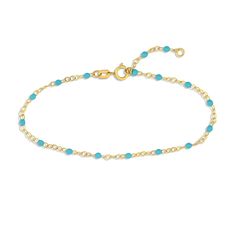 Add a delightful touch of color to your wrist with this 14K yellow gold bracelet. Vibrant blue enamel discs are stationed along a classic curb chain. The 7.5-inch bracelet secures with a spring ring clasp. Dainty Blue Chain Jewelry, Blue Dainty Jewelry With Cable Chain, Blue Dainty Cable Chain Jewelry, Elegant Blue Bracelets With Delicate Chain, Elegant Blue Bracelet With Delicate Chain, Blue 14k Gold Cable Chain Jewelry, Bracelet Inspo, Curb Chain Bracelet, Yellow Gold Bracelet