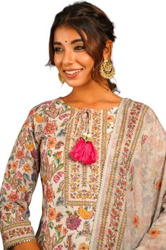 Modale Silk Digital Printed Kurti, Pant and Dupatta with Neck Handwork and Tussels Multicolor Anarkali Dupatta With Tassels, Multicolor Bollywood Sets With Tassels, Bollywood Style Multicolor Tassel Sets, Multicolor Tassel Sets For Diwali, Traditional Multicolor Tassel Sets, Diwali Sets With Tassels, Traditional Tassel Sets For Spring, Traditional Spring Sets With Tassels, Kurtis With Pants