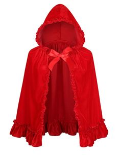 a red cape with ruffles and a bow on the hood is shown in front of a white background