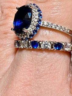 Vintage Style 4.2CT Oval Cut Velvety Blue Sapphire Created Halo Full Eternity Ring Bridal Set Size 8 Blue Cubic Zirconia Rings With Oval Shape, Blue Sapphire Wedding Ring Sets, Oval Blue Sapphire Ring For Anniversary, Oval Blue Cubic Zirconia Sapphire Ring, Blue Teardrop Halo Setting Ring, Blue Halo Round Rings, Oval Blue Jewelry With Accent Stones, Oval Blue Cubic Zirconia Ring, Blue Oval Jewelry With Accent Stones