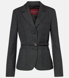 Double G belted wool grisaille blazer in grey - Gucci | Mytheresa Gucci Outfits, Color Name, Grey Blazer, Polo Sweater, Blazer Fashion, Outerwear Women, Leather Ankle Boots, Blazer Jacket, Designing Women