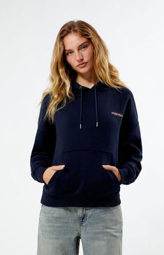 Embrace classic comfort with the American Traditional Oversized Hoodie. This hoodie features a drawstring hood and long sleeves for a cozy fit, complemented by a kangaroo pocket for practical storage. Bold Guess Jeans graphics adorn the left chest and back, adding a touch of iconic style to your casual wardrobe.Solid color hoodieSoft fleece liningLong sleevesDrawstring hoodKangaroo pocketGuess Jeans graphicsRibbed cuffs and hem88% cotton, 12% polyesterHand washModel is wearing a size smallModel measurements: 5’9” height, 32” bust, 23” waist, 34.5” hips Guess Womens American Traditional Oversized Hoodie - Blue size Small Practical Storage, Iconic Style, American Traditional, Cozy Fits, Oversized Hoodie, Guess Jeans, Casual Wardrobe, Pacsun, Kangaroo Pocket