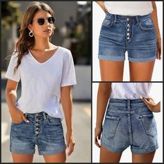 Look Cool And Feel Cool This Summer With These Lookbookstore (Amazon Brand) High Rise, Cuffed Hem, Stretch Denim Shorts. The Relaxed Ultra High Rise Shorts Feature A Medium Wash, Sewn Cuffed Hem And Classic 5 Pocket Design. Slightly Distressed Trim At Back Pockets And Belt Loops. Never Worn, New Without Tags, No Flaws. Measurements Below Of Garment Laying Flat, Unstretched: Size Medium (Site States Medium Fits Size 8-10) Waist 14" Hip 19.5" Front Rise 11" Inseam 3.25" Leg Opening 11.5" Tags: Con Denim Skort, Stretch Denim Shorts, Denim Jean Shorts, High Waisted Jean Shorts, Compression Pants, Distressed Jean Shorts, Contemporary Classic, Tie Dye Shorts, Distressed Denim Shorts