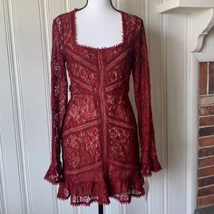 Nwt Fll Gorgeous Burgundy/Scarlet Lace Dress. Open Back With Ribbon Tie Closure At Neck. Lined, Lace Trim. Beautiful Boho Bell Sleeve Cuffs. New!! Chest 19” Length Front 33” Length Back 36” Smoke Free And Pet Free Home Fitted Flirty Dress With Scalloped Lace, Fitted Burgundy Dress With Sweetheart Neckline, Flirty Long Sleeve Dress With Lace Trim, Elegant Red Mini Dress With Lace Trim, Burgundy Fitted Dress For Date Night, Red Sweetheart Neckline Dress For Brunch, Date Night Long Sleeve Mini Dress With Scalloped Lace, Red Lace Mini Dress For Wedding, Fitted Burgundy Flirty Dress