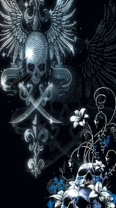 a skull and crossbones on a black background with flowers in the foreground